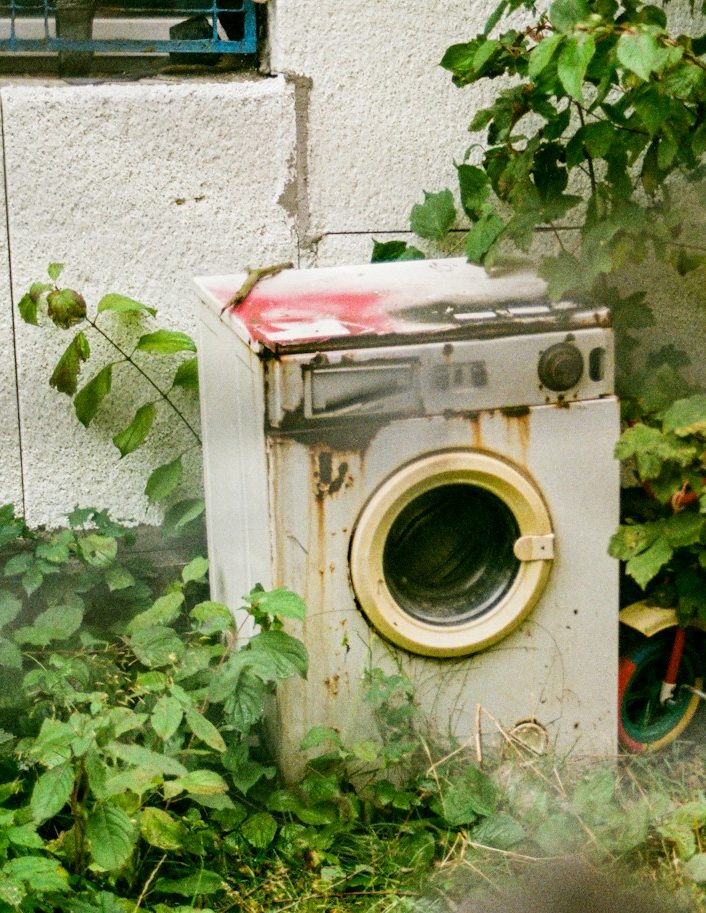 Eine alte Waschmaschine steht draußen vor einer Hauswand, zugewachsen von Pflanzen.