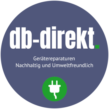 Rundes dunkelblaues Namenslogo mit weißer Schrift und grüner Steckdose. Text: db-direkt, Gerätereparaturen, Nachhaltig und Umweltfreundlich