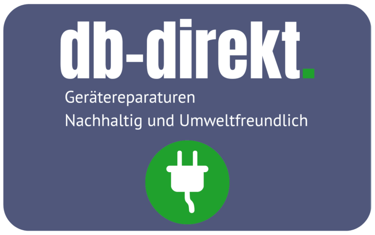 Logo von db-direkt mit dem Slogan „Gerätereparaturen, Nachhaltig und Umweltfreundlich“.